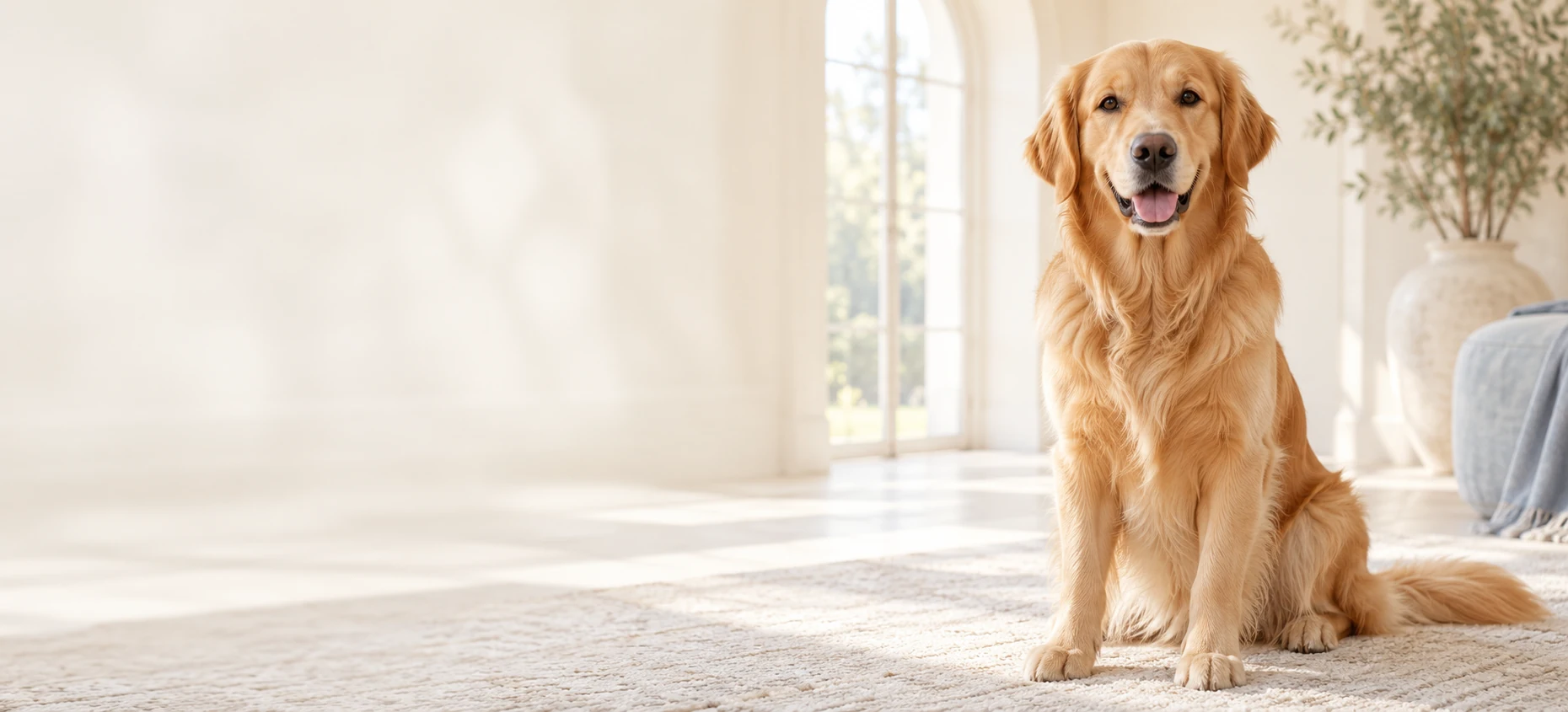 A golden retriever in a serene light-filled interior; illustrative pet portrait